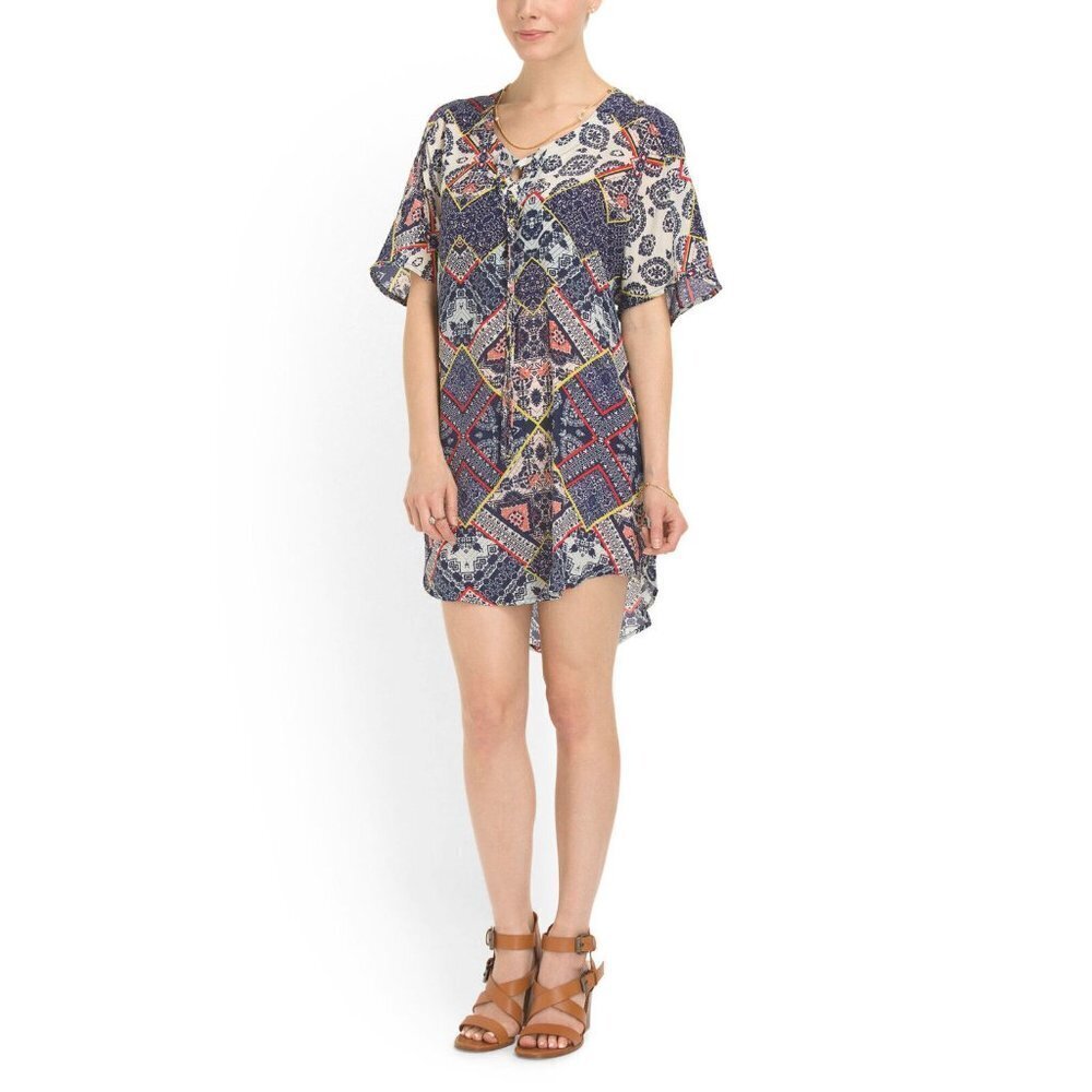 NWT Gypsy05 Bima Printed Silk Lace Front Dolman Sleeve Shift Mini Dress XS $242 - Picture 8 of 9